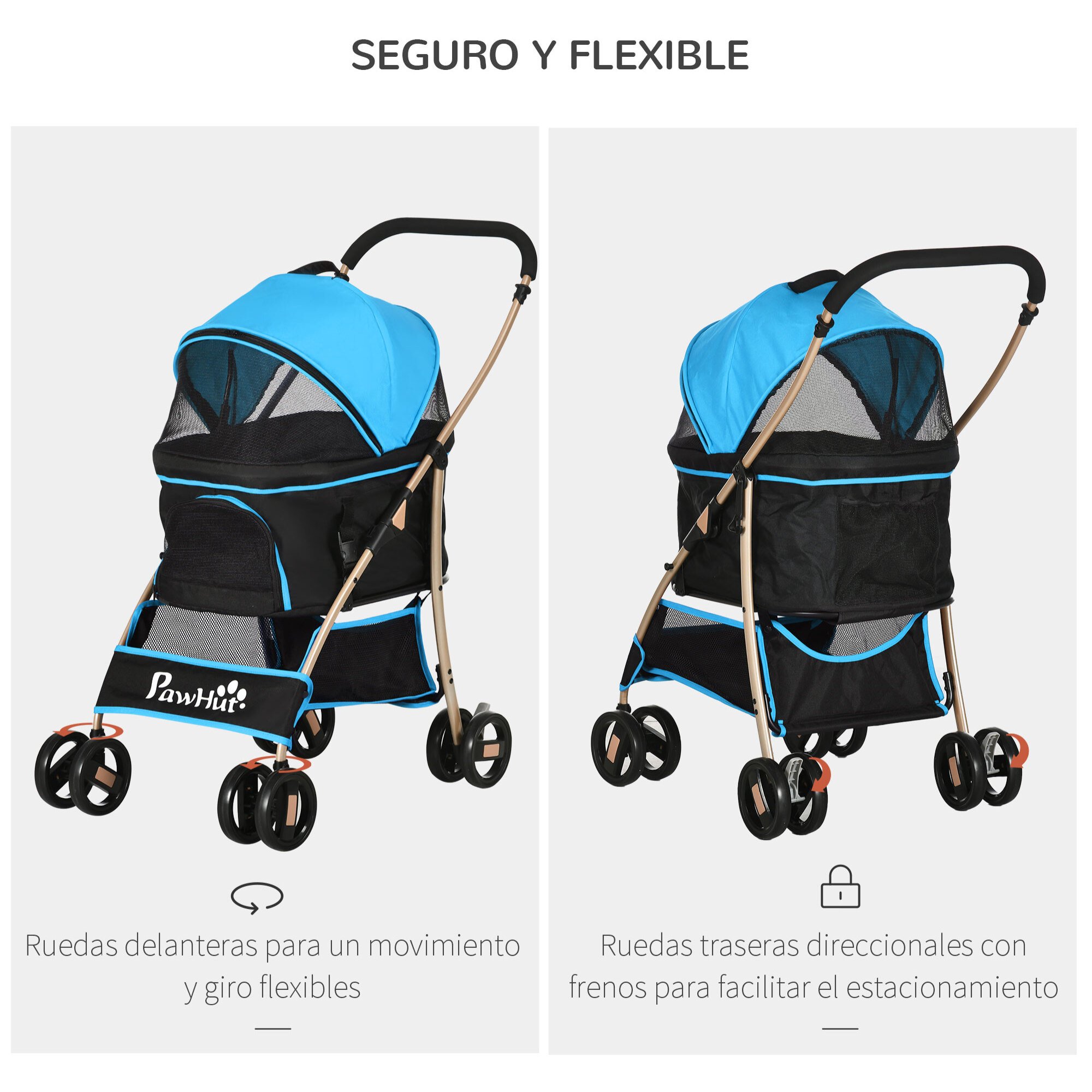 3 en 1 Cochecito para Mascotas Carrito para Perros y Gatos Desmontable Bolsa de Transporte Plegable con Cesta de Almacenaje y Frenos Tela Oxford 600D Carga 15 kg 82x49,5x98 cm Azul