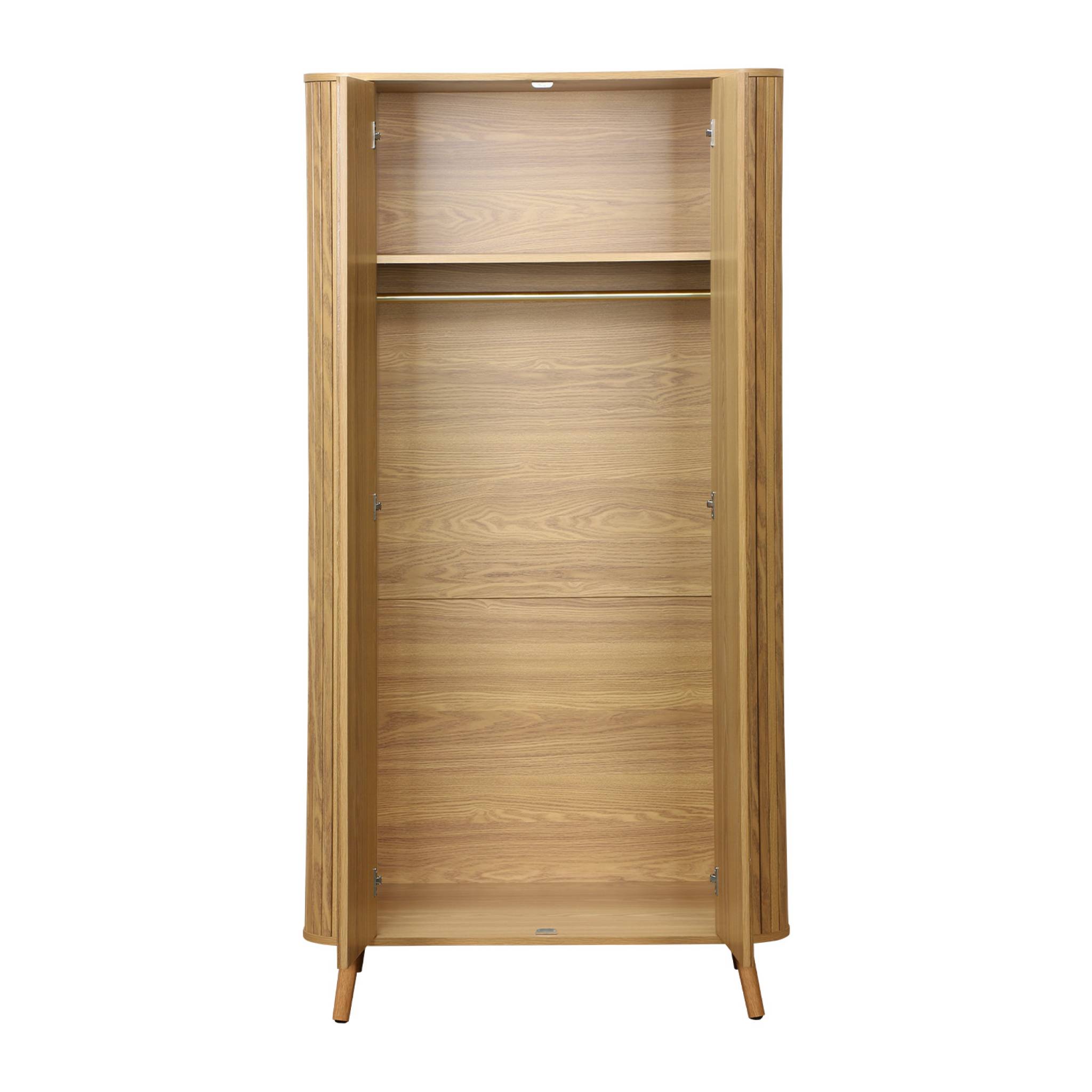 Armoire 2 portes effet bois rainuré avec étagère et penderie. L 90 x P 60 x H 180cm