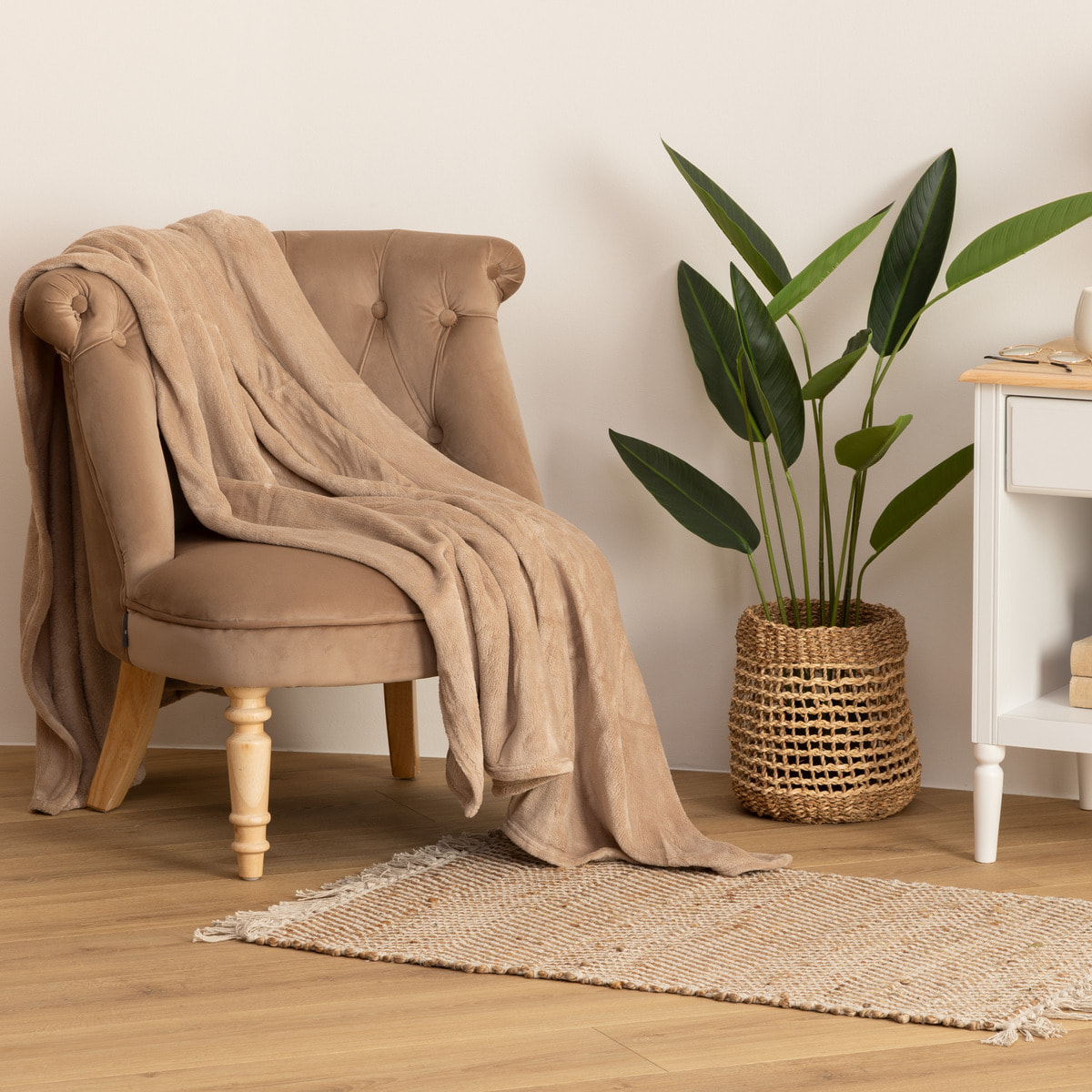 Plaid uni en flanelle - lin 180x230 cm