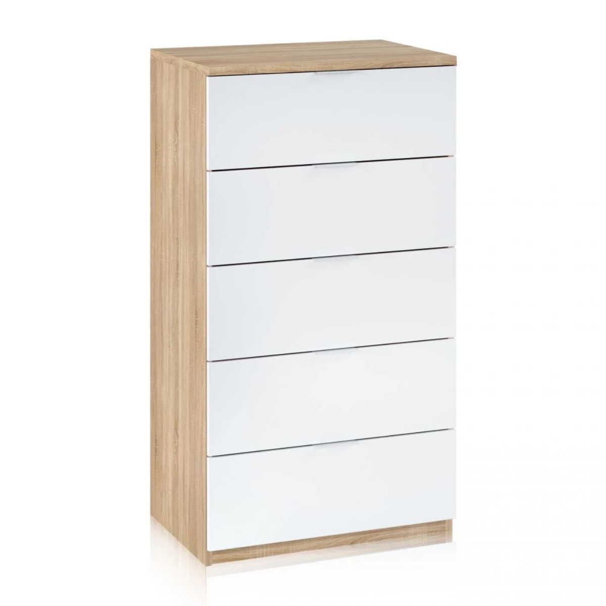 Cómoda de 5 cajones formato vertical en blanco mate y roble canadian 60x110 cm Akari Blanco Artik (Blanco Mate) - Roble Canadian