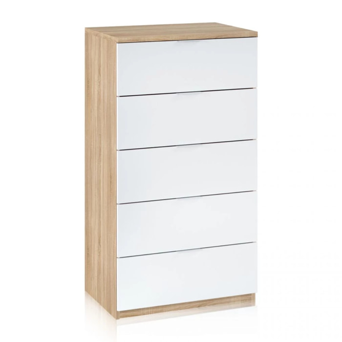Cómoda de 5 cajones formato vertical en blanco mate y roble canadian 60x110 cm Akari Blanco Artik (Blanco Mate) - Roble Canadian