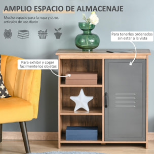 Aparador con Puerta de Metal Mueble Auxiliar con 3 Estantes Abiertos y Armario con Puerta y Balda Ajustable para Salón Cocina 80x35x82 cm Madera Natural