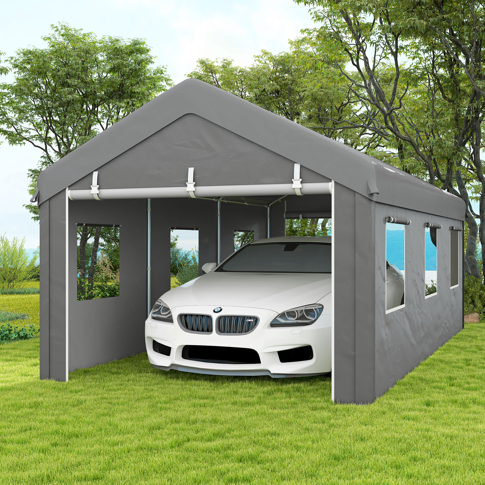 Carpa Garaje Portátil 6x3 m, Garaje Exterior para Coche Impermeable con Paredes Laterales Desmontables, 2 Puertas Enrollables y 6 Ventanas, Cobertizo de Almacenamiento Anti-UV, Gris Claro
