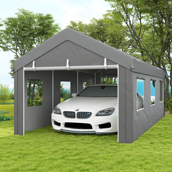 Carpa Garaje Portátil 6x3 m, Garaje Exterior para Coche Impermeable con Paredes Laterales Desmontables, 2 Puertas Enrollables y 6 Ventanas, Cobertizo de Almacenamiento Anti-UV, Gris Claro