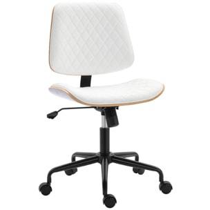 Silla de Escritorio sin Brazos, Silla de Oficina Giratoria, Tapizada en Cuero Sintético, con Respaldo Curvado, Asiento Forma U, Altura Ajustable, Basculante, Blanco