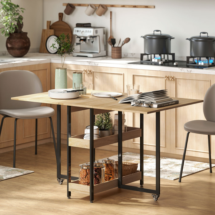 Table de cuisine rabattable - table à manger pliable 2-4 personnes - étagères - métal noir effet bois
