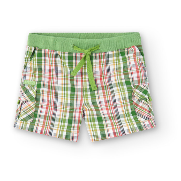 Bermudas niÃ±o, popelÃ­n, estampado de cuadros, verde