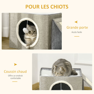 Maison niche pour chat pliable - 2 coussins moelleux, boule suspendue, grattoir - dim. 73 x 42 x 34 cm - MDF sisal polyester gris