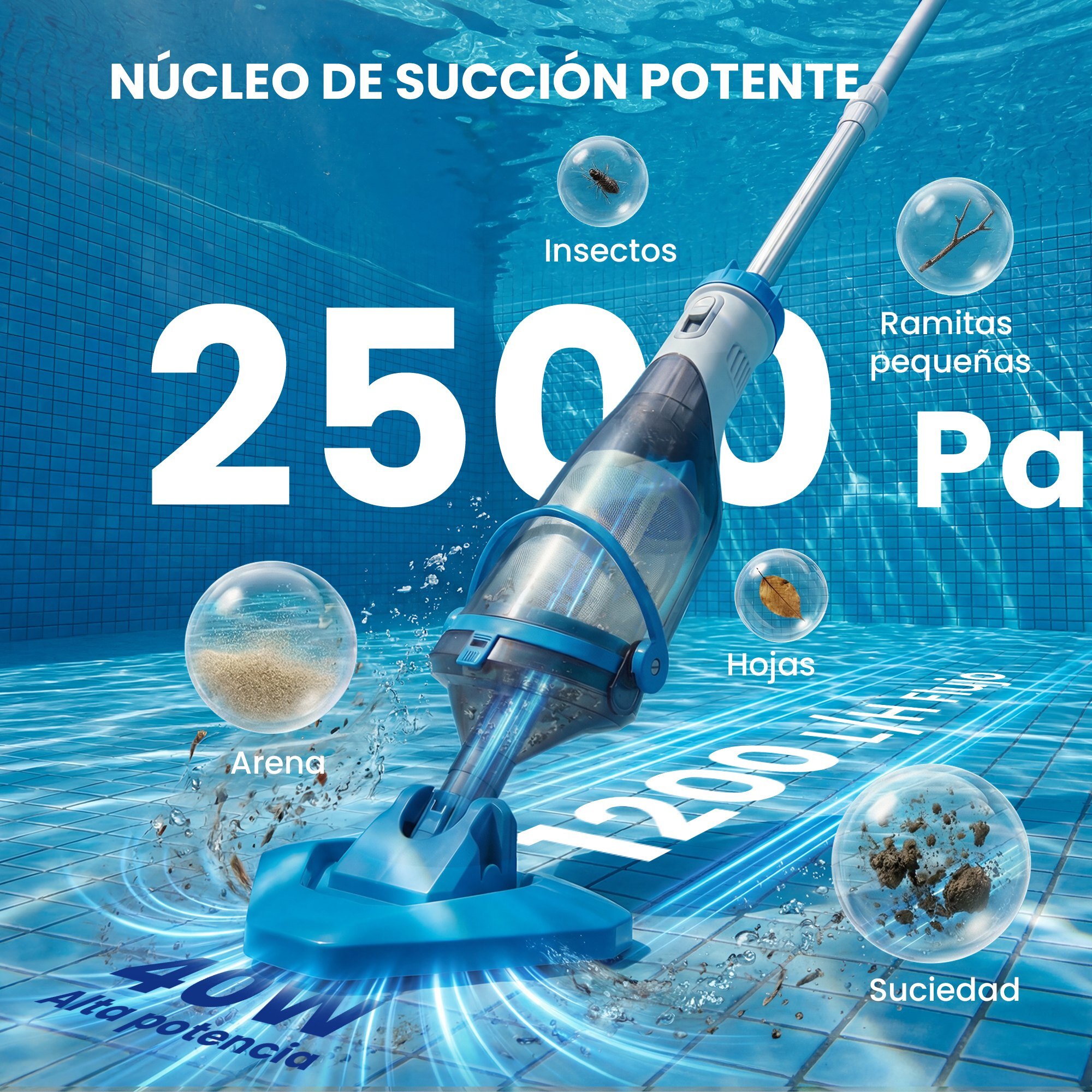 Limpiafondos de Piscina a Batería, Aspirador de Piscina Inalámbrica con Cepillo, Mango Telescópico 63-150 cm, Aspiradora Manual para Piscinas Pequeñas, Estanques, 60 Minutos Limpieza, Azul