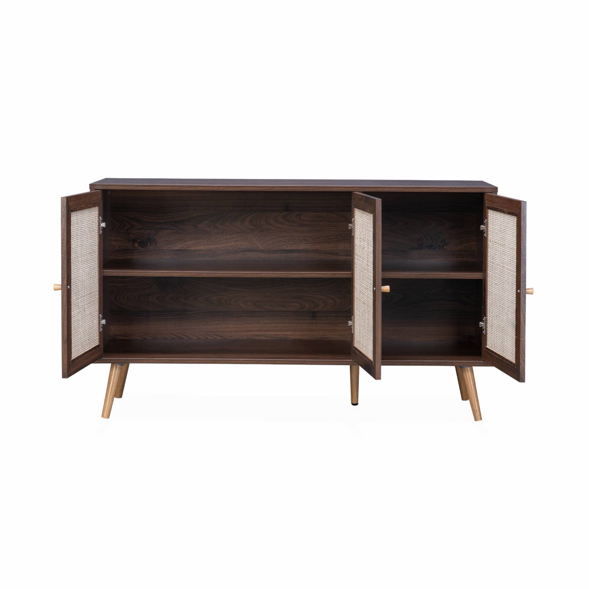 Buffet de rangement en cannage 120x39x70cm  - Bohème - 2 niveaux. 3 portes. pieds scandinaves. buffet bas