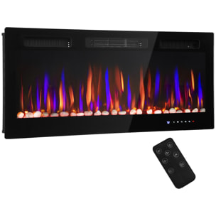 Chimenea Eléctrica Ultrafina de Pared y Empotrable con Llama 3D, Chimenea Decorativa, Brillo/Velocidad Ajustable, 12 Colores, Guijarros, 900/1800W, Temporizador, Termostato, Control Remoto