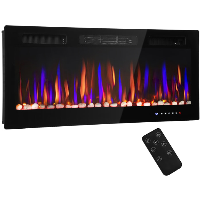 Chimenea Eléctrica Ultrafina de Pared y Empotrable con Llama 3D, Chimenea Decorativa, Brillo/Velocidad Ajustable, 12 Colores, Guijarros, 900/1800W, Temporizador, Termostato, Control Remoto