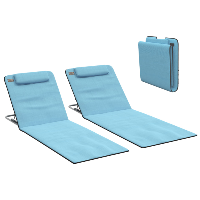 Conjunto de 2 Esterillas de Playa Plegables, Esterillas con Respaldo Reclinable en 5 Niveles, Reposacabezas y Bolsa de Transporte, 134x48x33-43 cm, Azul