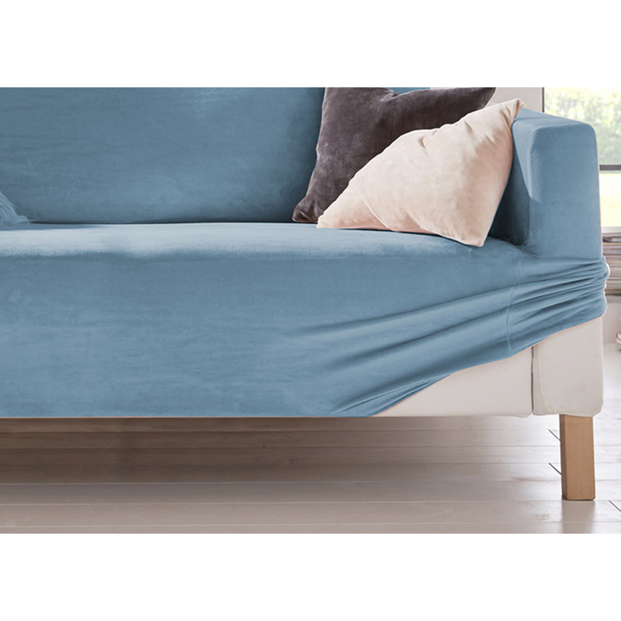 Copridivano 2 Posti Elasticizzato In Tinta Unita Effetto Velluto Modello Morbidissimo Colore Cielo