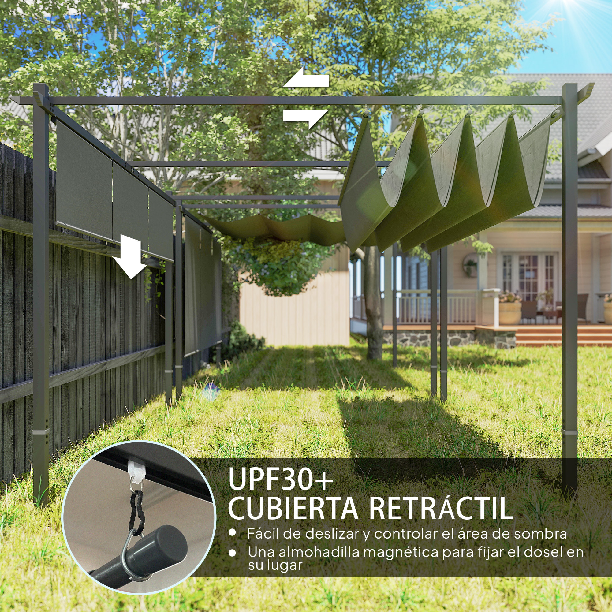 Pérgola de Jardín 4x3 m con Techo Retráctil y 3 Laterales Enrollables, Cenador de Jardín Montado en Pared o Independiente, con UPF30+, Estructura Metálica, Pabellón para Exterior, Gris
