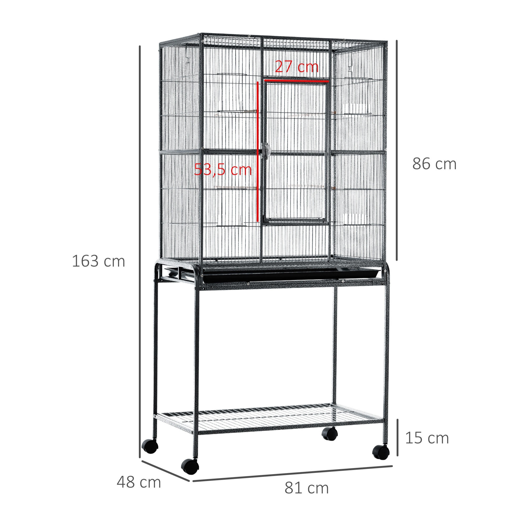 PawHut Cage à Oiseaux Portable avec 4 Mangeoires et 4 Perchoirs Pratique 81 x 48 x 163 cm Noir et Gris