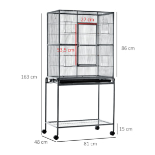 PawHut Cage à Oiseaux Portable avec 4 Mangeoires et 4 Perchoirs Pratique 81 x 48 x 163 cm Noir et Gris