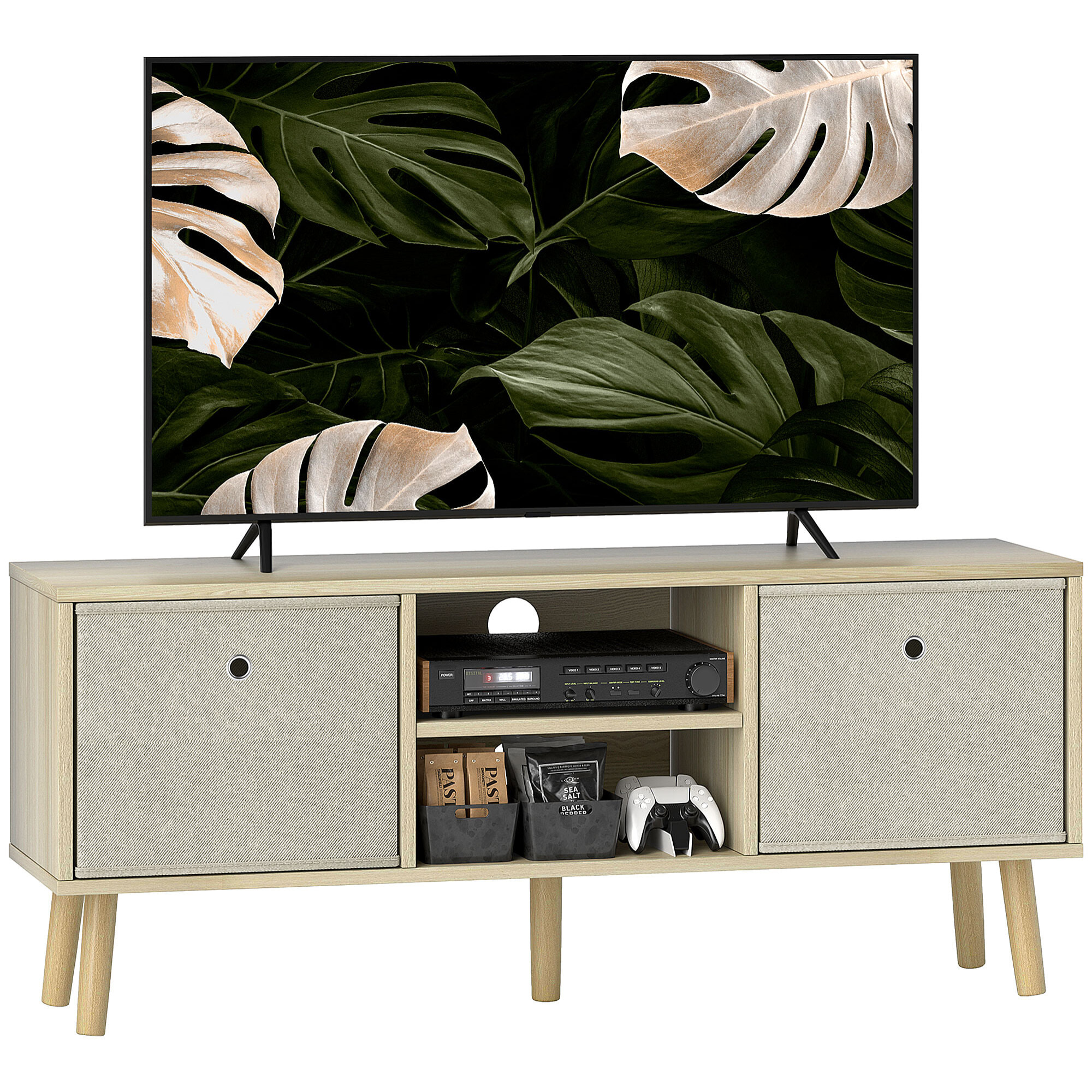 Mueble de TV, Mesa de TV con 2 Cajones de Tela, 2 Estantes Abiertos, Orificios para Cables, para Televisores hasta 50 Pulgadas, Largo de 110 cm, para Salón, Dormitorio, Madera y Beige