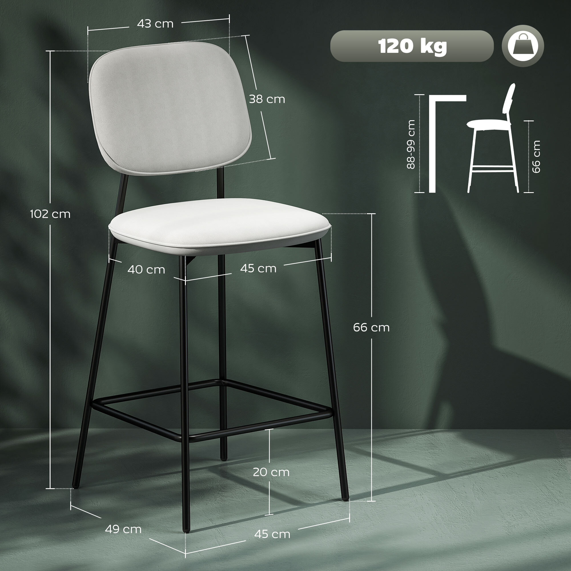 Juego de 2 Taburetes de Bar Taburetes Altos de Cocina con Respaldo y Reposapiés Tapizado en Terciopelo Marco de Acero Taburetes Altos Modernos para Comedor Mostrador Gris Claro