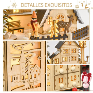 HOMCOM Calendario de Adviento para Rellenar de Madera, con Luces LED y 24 Cajones, Calendario de Adviento de Navidad Reutilizable con Escena de Pueblo, Decoración Navideña, 25x20x29 cm, Natural