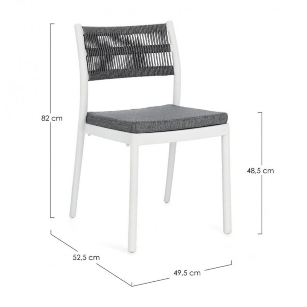 Set di 4 sedie ALVIN in polipropilene bianco e corda intrecciata grigio scuro, impilabili