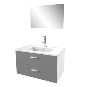 Meuble salle de bain 80 cm suspendu 2 tiroirs Gris avec vasque et miroir - BOX-IN