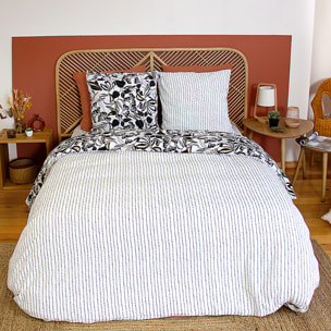 Parure housse de couette en microfibre motif feuillage - blanc et noir