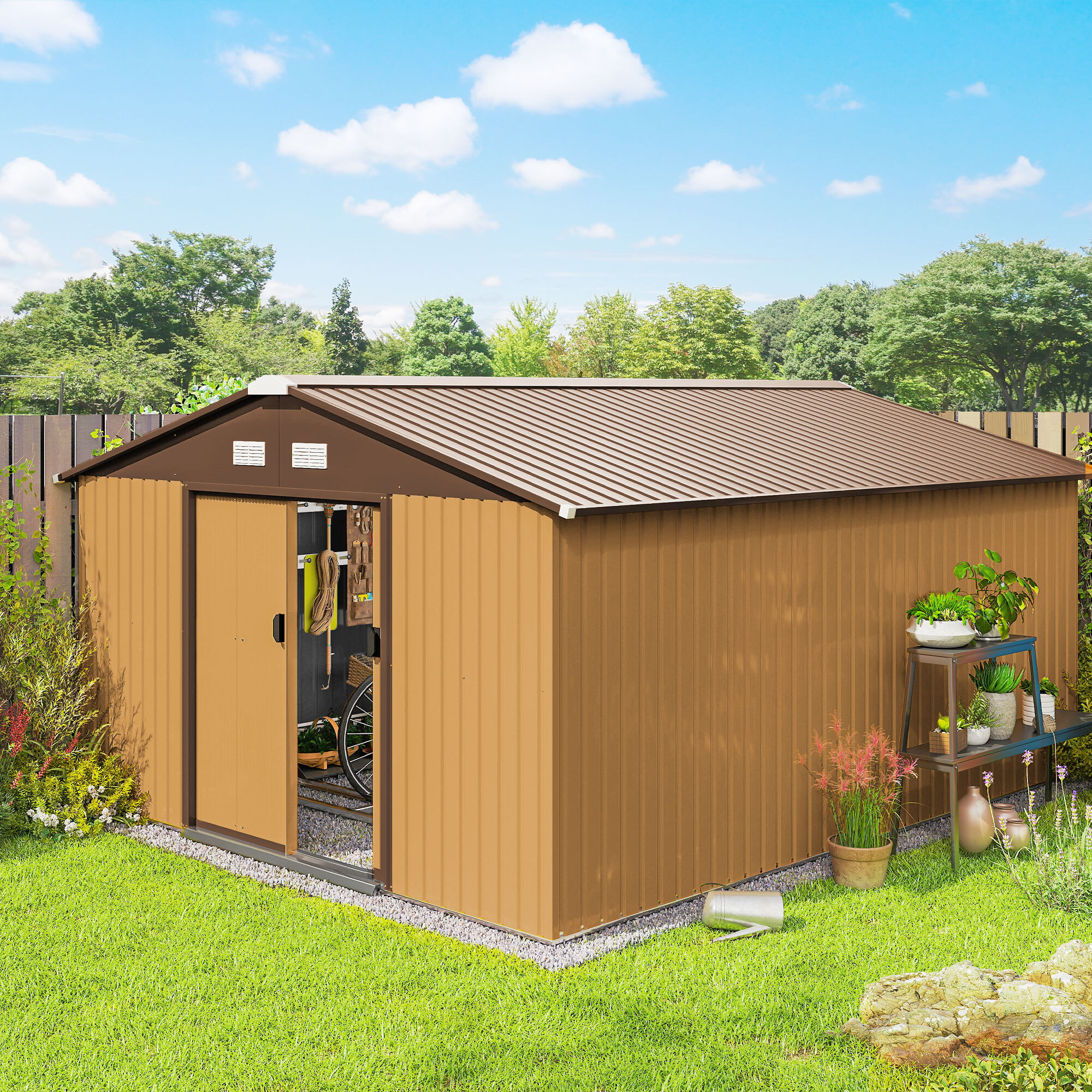 Caseta de Jardín Exterior, 12,4 m² 340x386x200 cm Cobertizo de Jardín Exterior Metálico con Puerta Corredera Base Refuerzo (Suelo NO Incluido) y Ventanas Ocre Oscuro