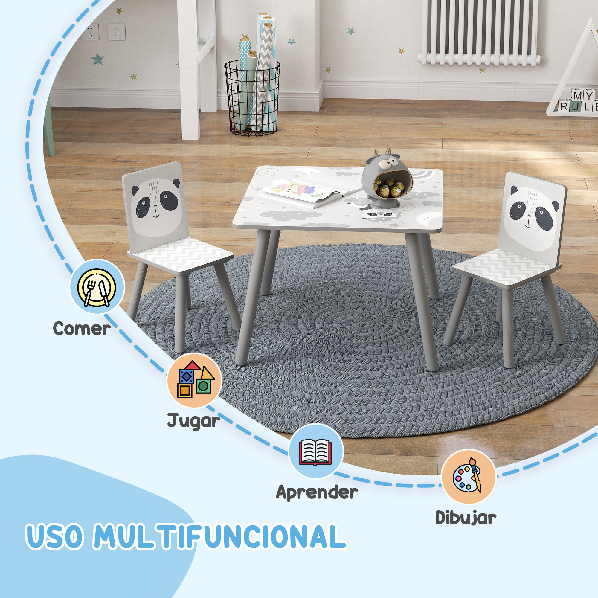 Mesa y Sillas Infantiles de 3 Piezas Mesa Infantil con 2 Sillas Juego de Muebles para Actividades para Niños de 3-8 Años para Dormitorio Sala de Juegos Gris y Blanco