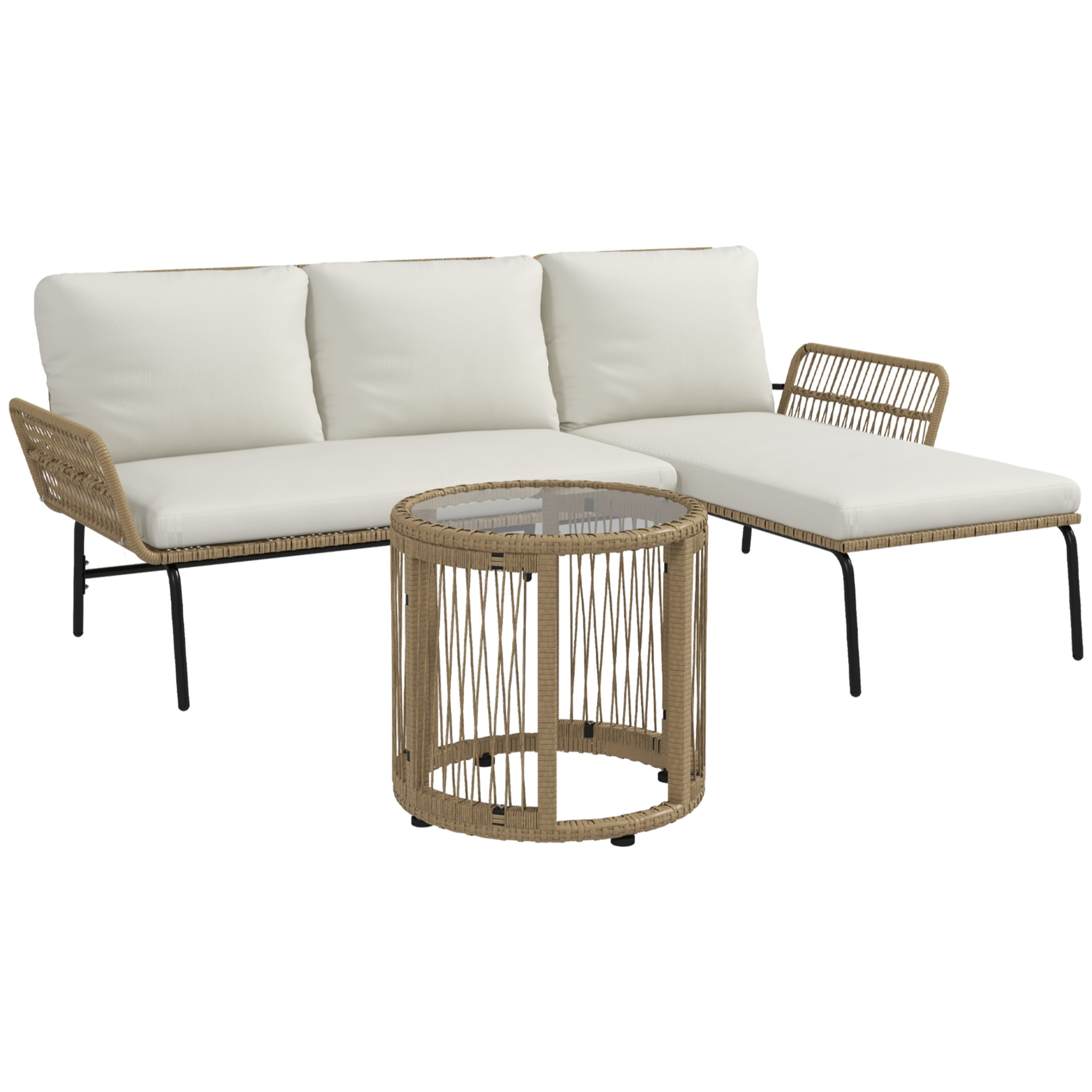 Conjunto de Muebles de Jardín Exterior de Ratán Juego de 3 Piezas Muebles de Terraza con Sofá de 2 Plazas Chaise Longue Cojines y Mesa Auxiliar de Tablero de Vidrio para Patio Crema y Natural