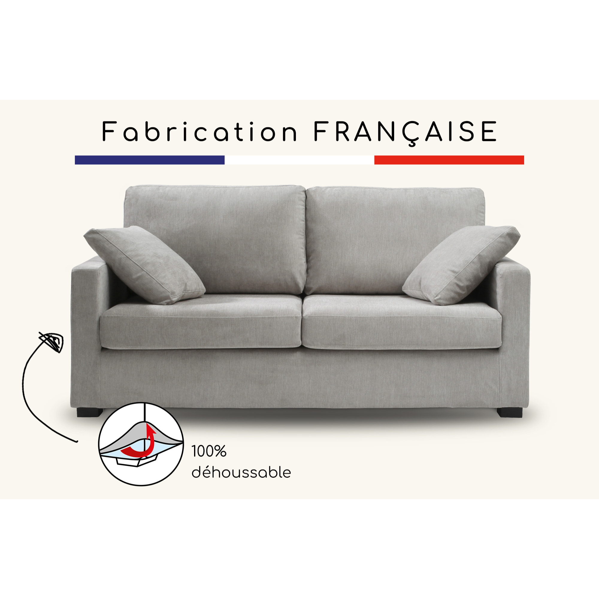 Canapé 3 pl LYS 175 cm fixe tissu Moderne Silver - 100% déhoussable - Fabriqué en France