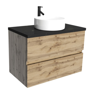 Meuble salle de bains 80cm Chêne Naturel 2 Tiroirs - Plan Effet Marbre Noir + Vasque Ronde Blanche