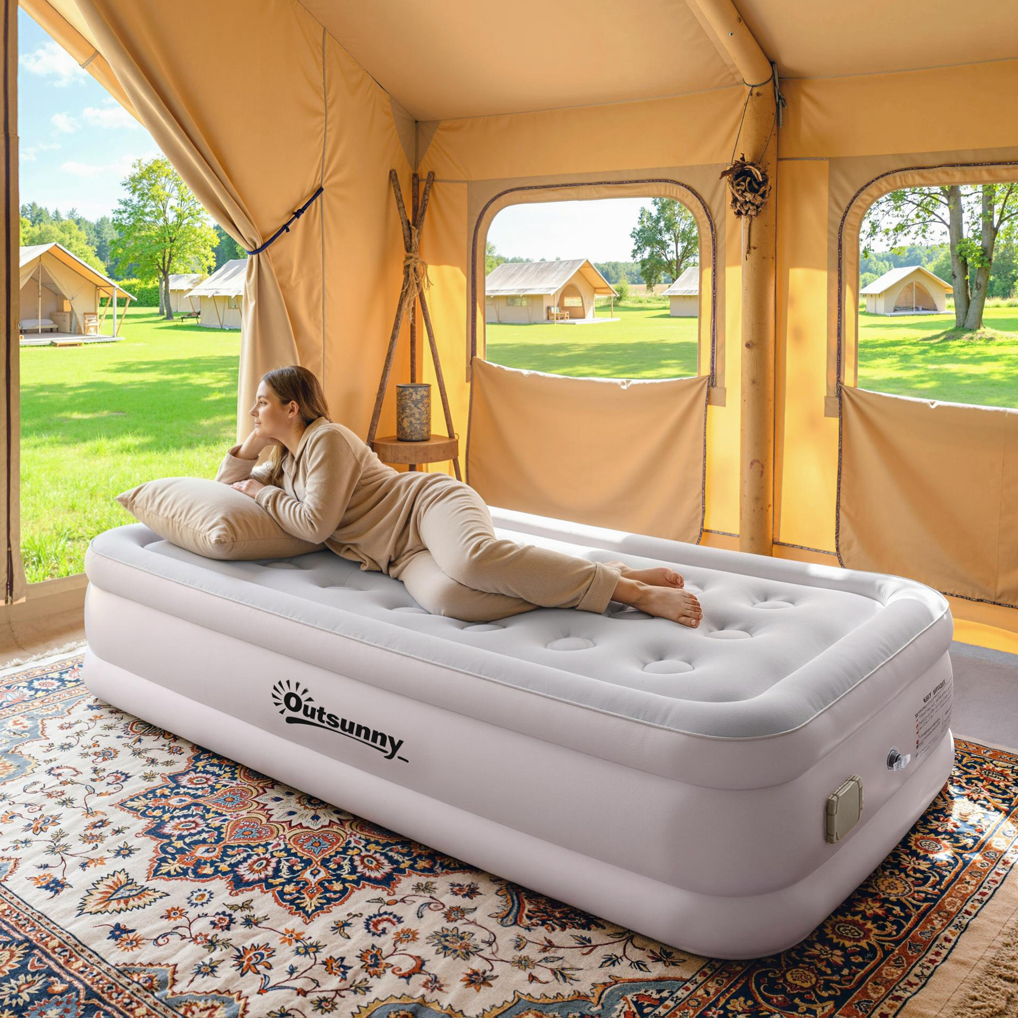 Matelas gonflable électrique - 1 personne - gonfleur intégré - floqué kaki grisé