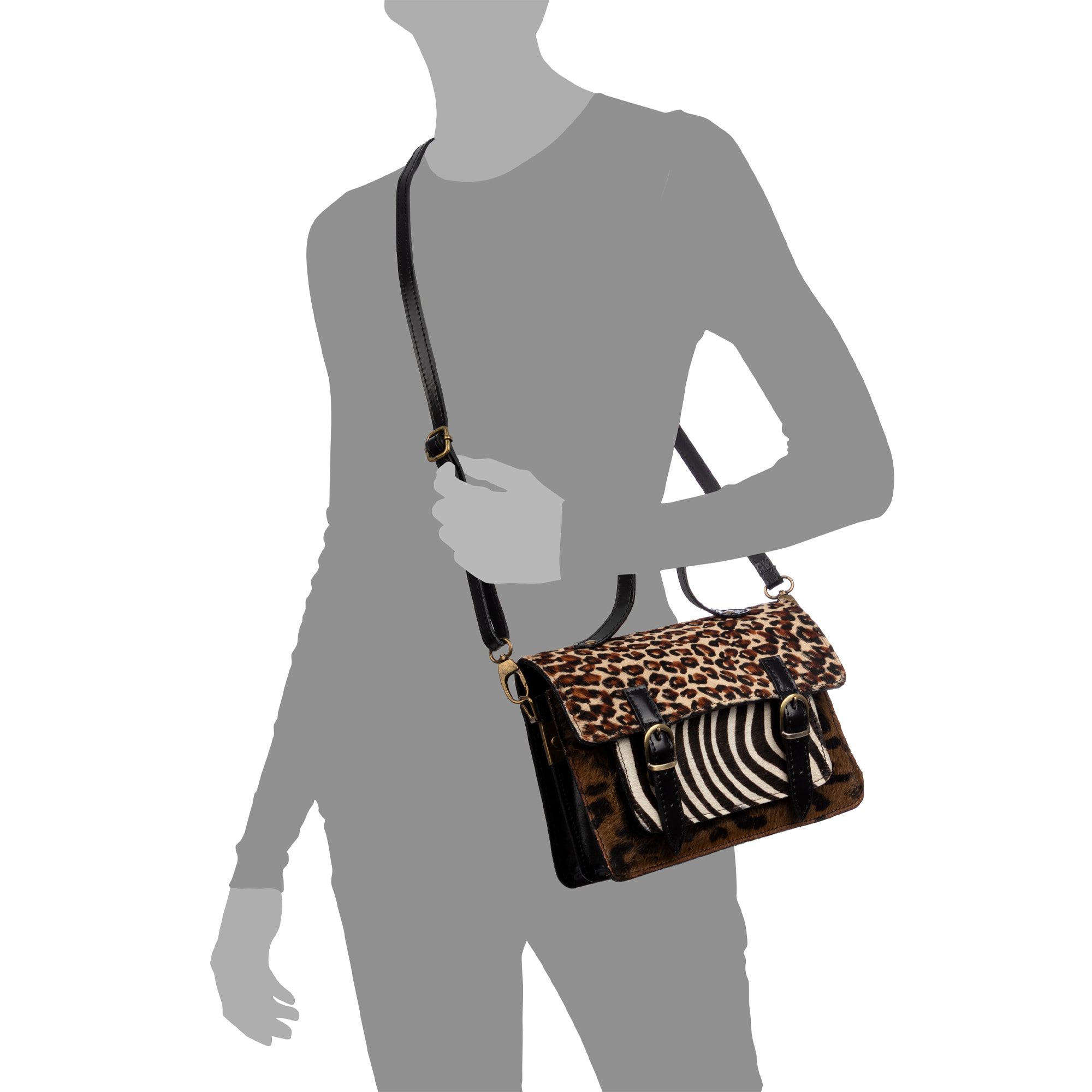 Assoro bolso Satchel con doble hebilla, piel auténtica Cavallino animal print.