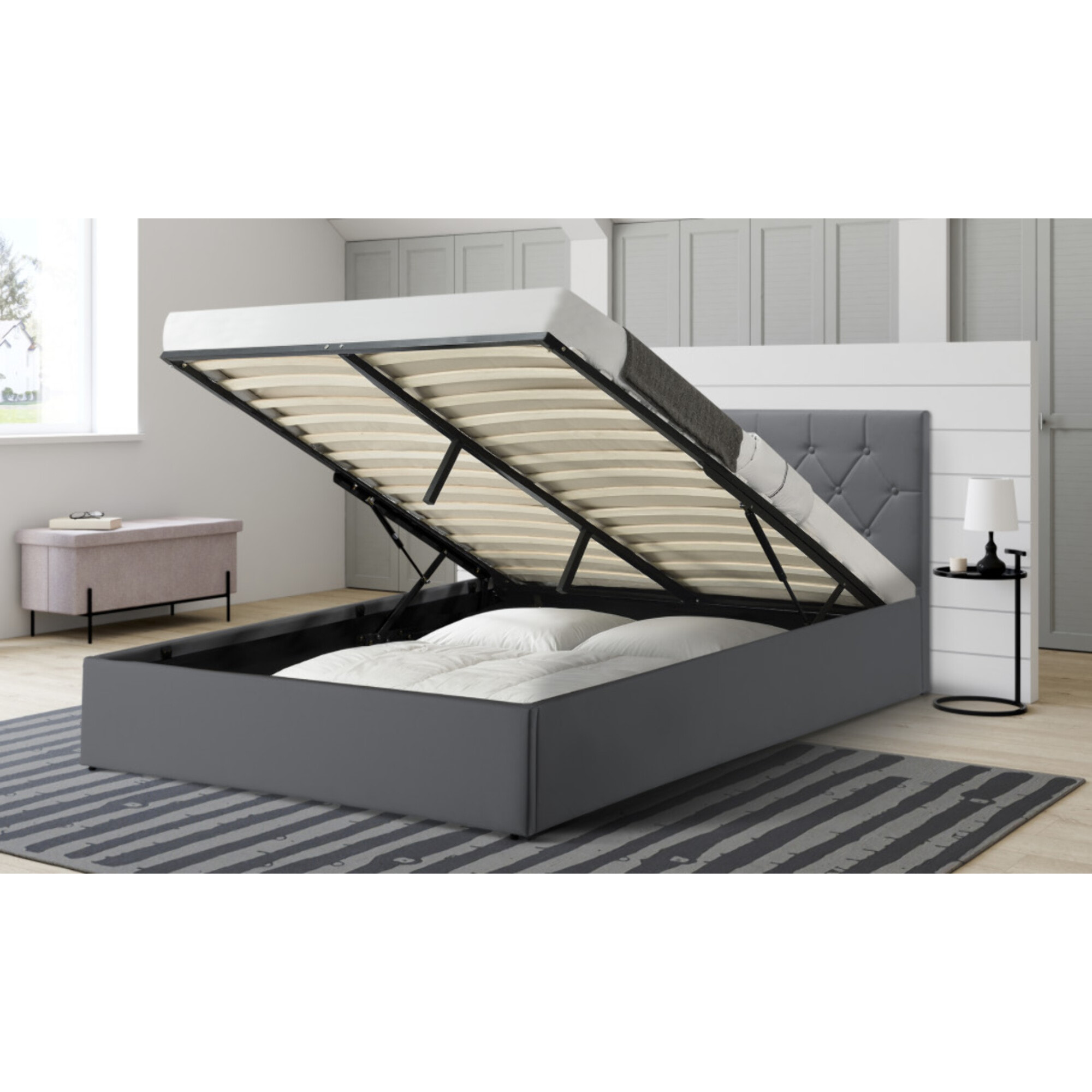 Lit coffre Hannah PVC avec sommier - Gris