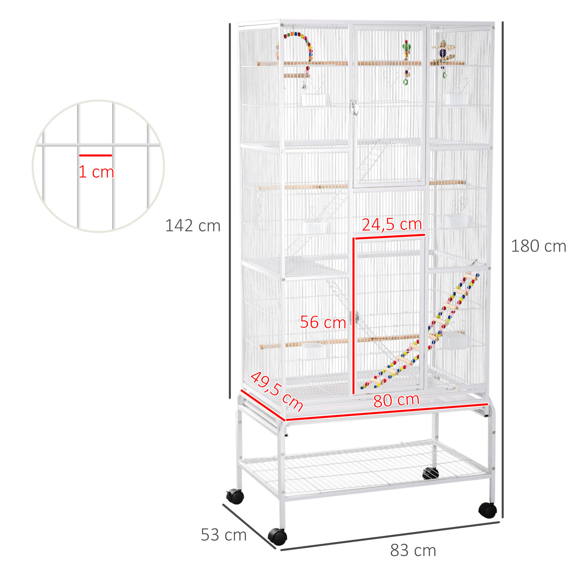 Jaula para Pájaros con Ruedas 83x53x180 cm Pajarera Metálica de 3 Niveles con 3 Perchas Comederos Juguetes Rampas y Estante de Almacenamiento para Canarios Periquitos Blanco
