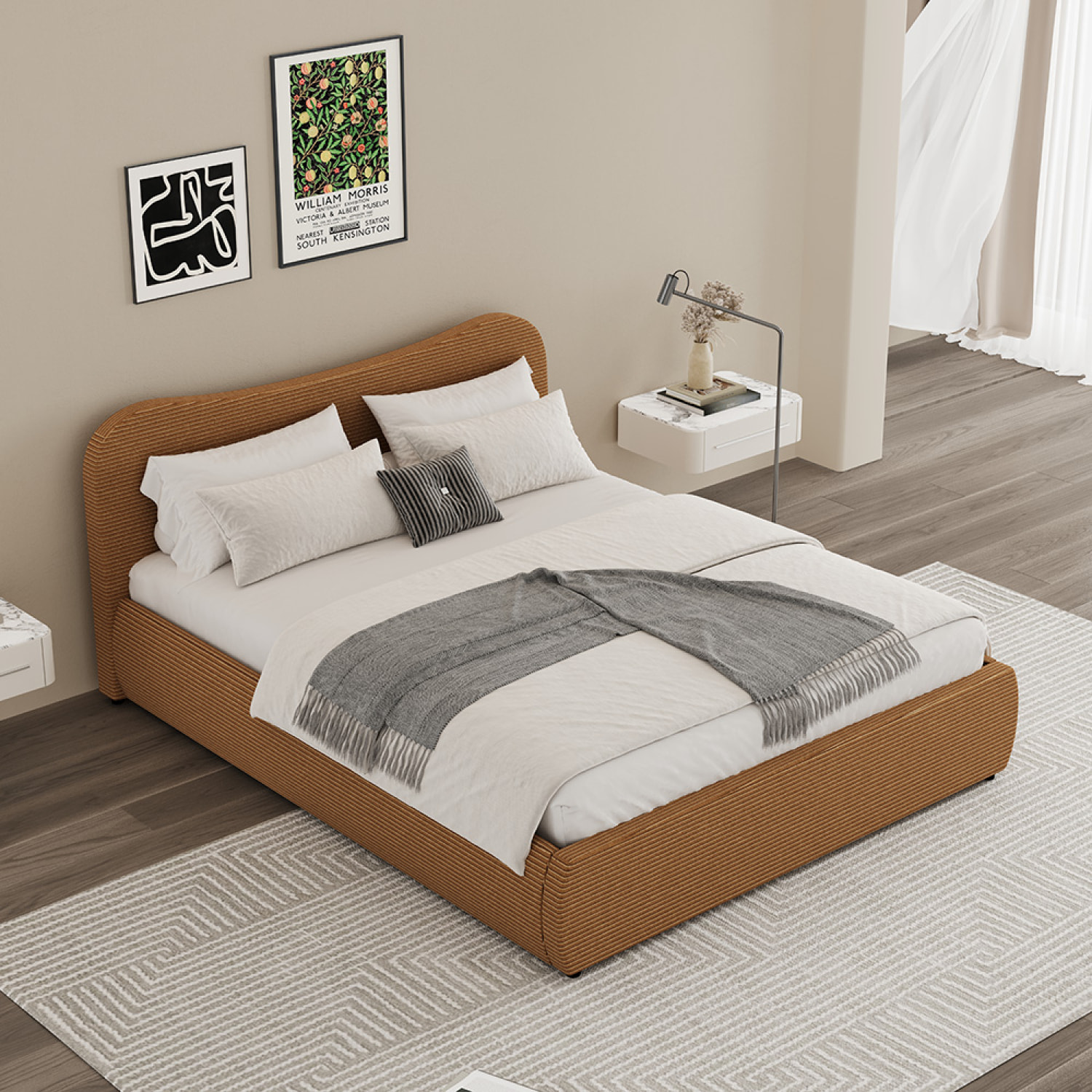 Lit coffre 140x190cm design arrondi velours côtelé marron MILANO