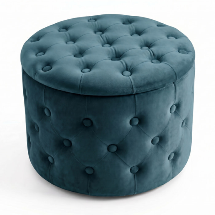 Pouf contenitore rotondo in velluto trapuntato Ø54x40 cm, pouf imbottito con vano portaoggetti e coperchio, design Chesterfield elegante per salotto camera da letto ingresso, seduta decorativa con tasche interne