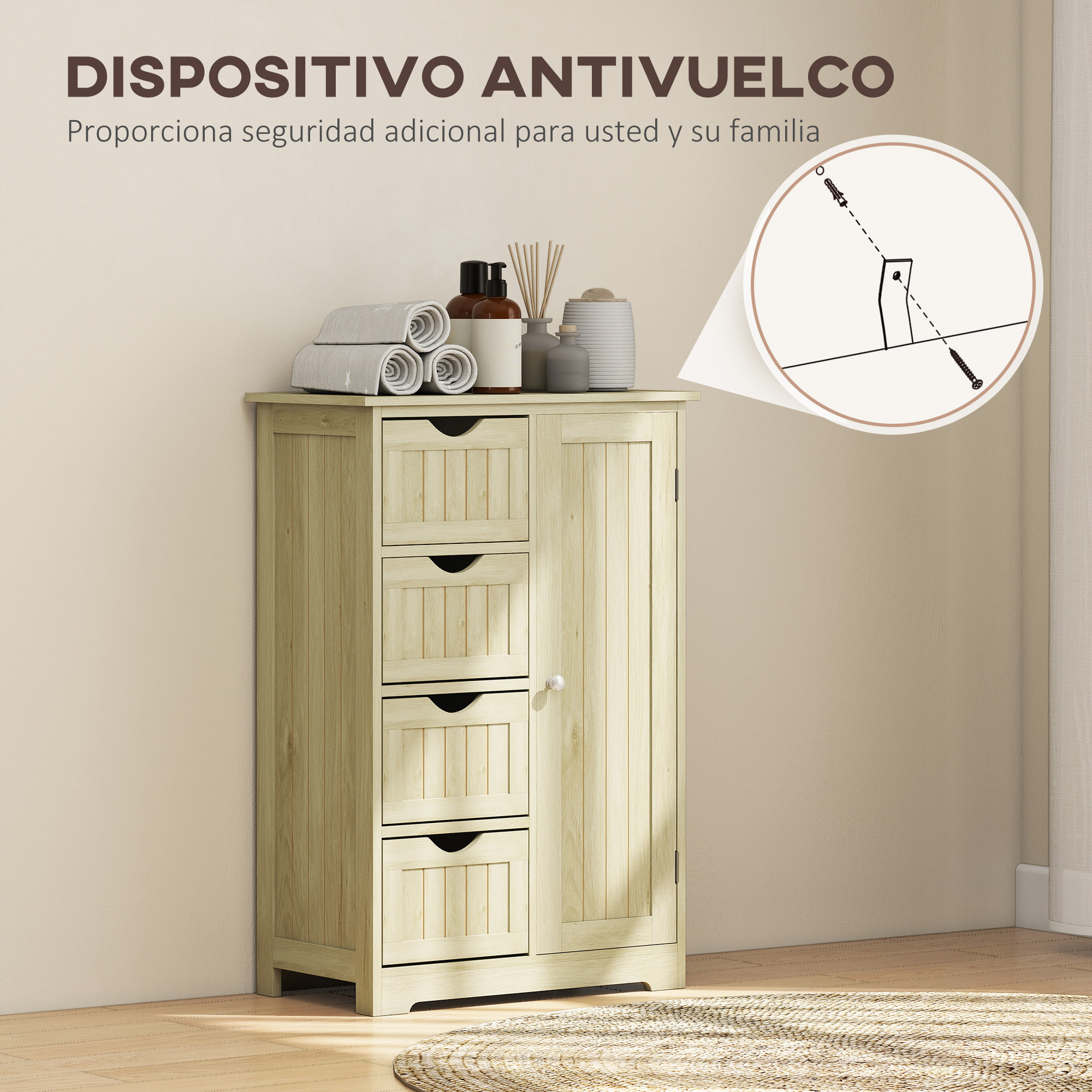 Armario de Baño, Columna de Baño Estrecha con 4 Cajones y Estante Ajustable, Estilo Moderno, para Espacios Pequeños, 56x30x83 cm, Madera Natural