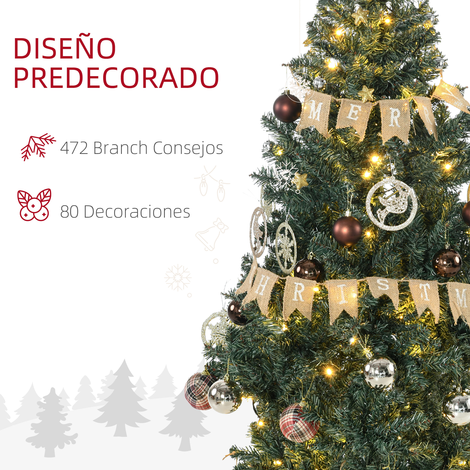 Árbol de Navidad Artificial 150 cm con 100 Luces LED con 8 Modos de Iluminación Árbol de Navideño con 472 Ramas y 80 Decoraciones Árbol Automático Acero Ø91x150 cm Verde