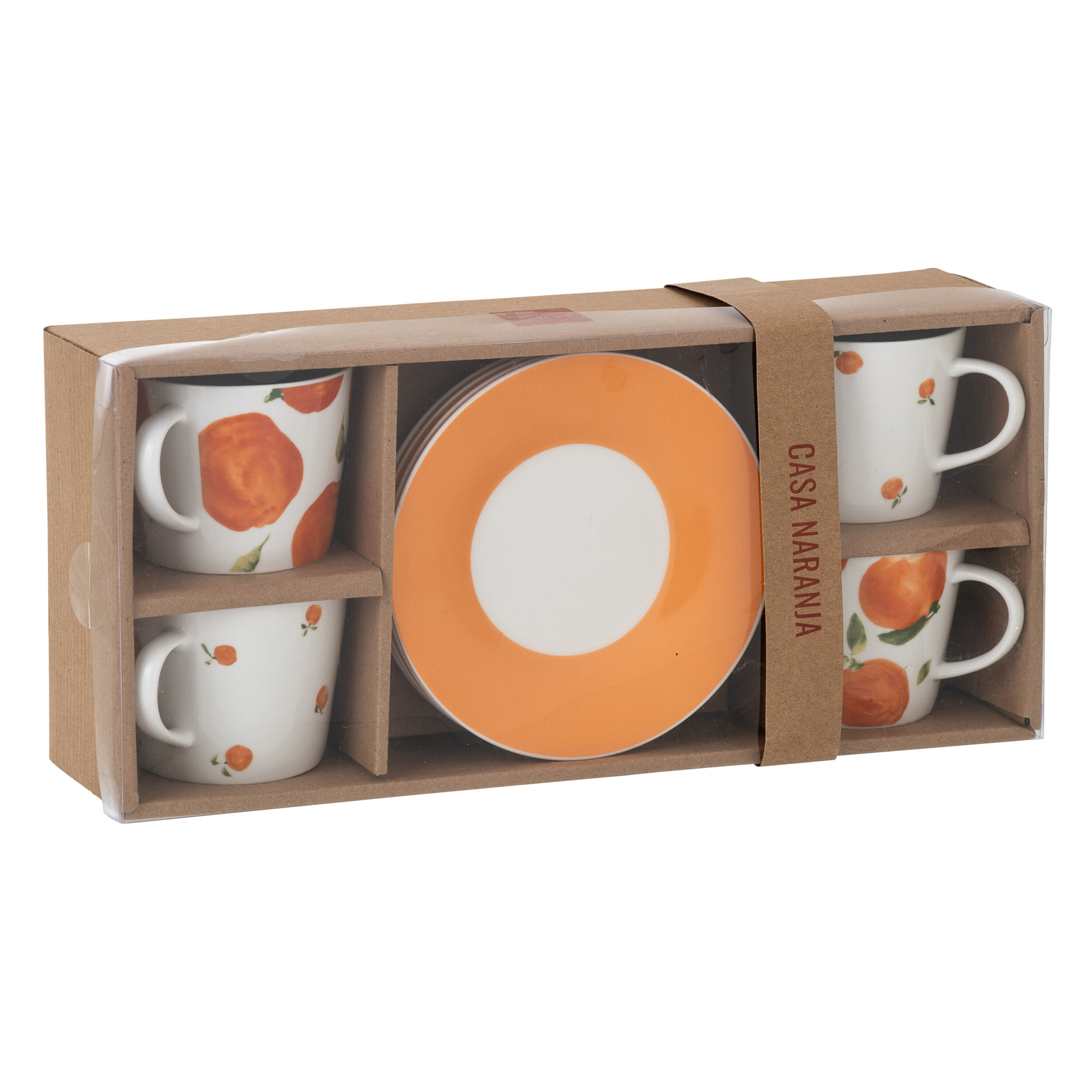 J-Line Tasse + Sous-tasse Orange - céramique - blanc/orange- large - set de 4