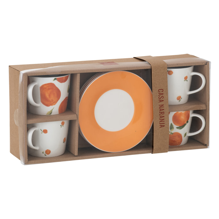 J-Line Tasse + Sous-tasse Orange - céramique - blanc/orange- large - set de 4