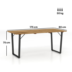 Mesa Comedor de Jardín de Madera Rectangular Mesa de Terraza Exterior 175x80x75 cm con Orificio para Sombrilla Estructura de Acero y Encimera de Listones para Patio Balcón Natural