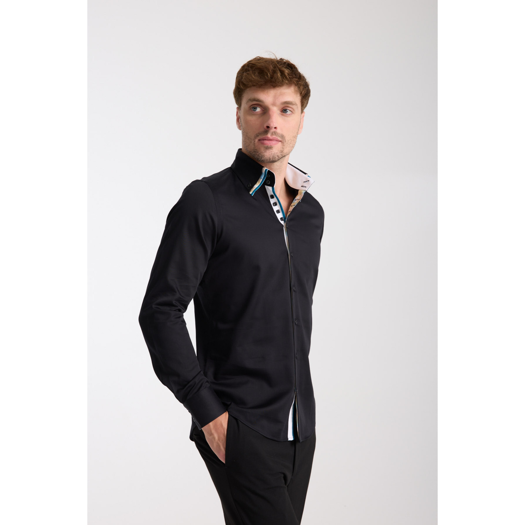 Camicia Uomo 2 Bottoni Button Down Triplo Collo Slim Satin Unito Nero