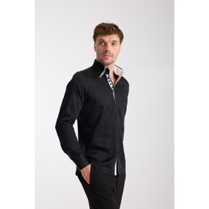 Camicia Uomo 2 Bottoni Button Down Triplo Collo Slim Satin Unito Nero