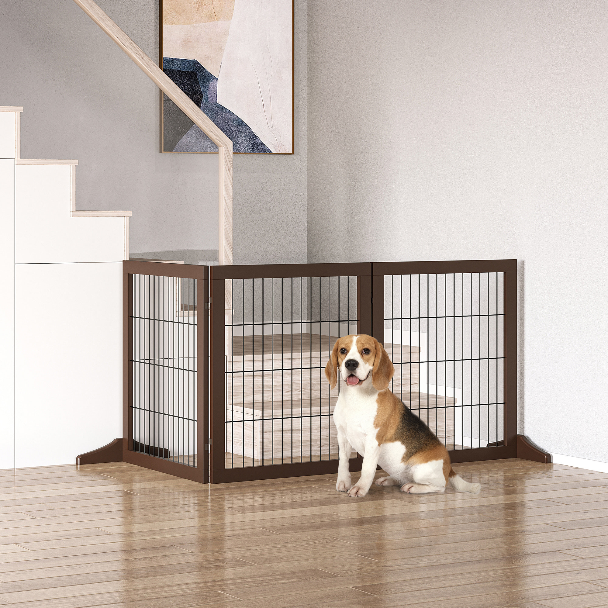 Barrera para Perros de 3 Paneles Barrera de Seguridad para Perros con Estructura de Madera y Patas de Apoyo para Pasillo Escalera 185x36x71 cm Marrón