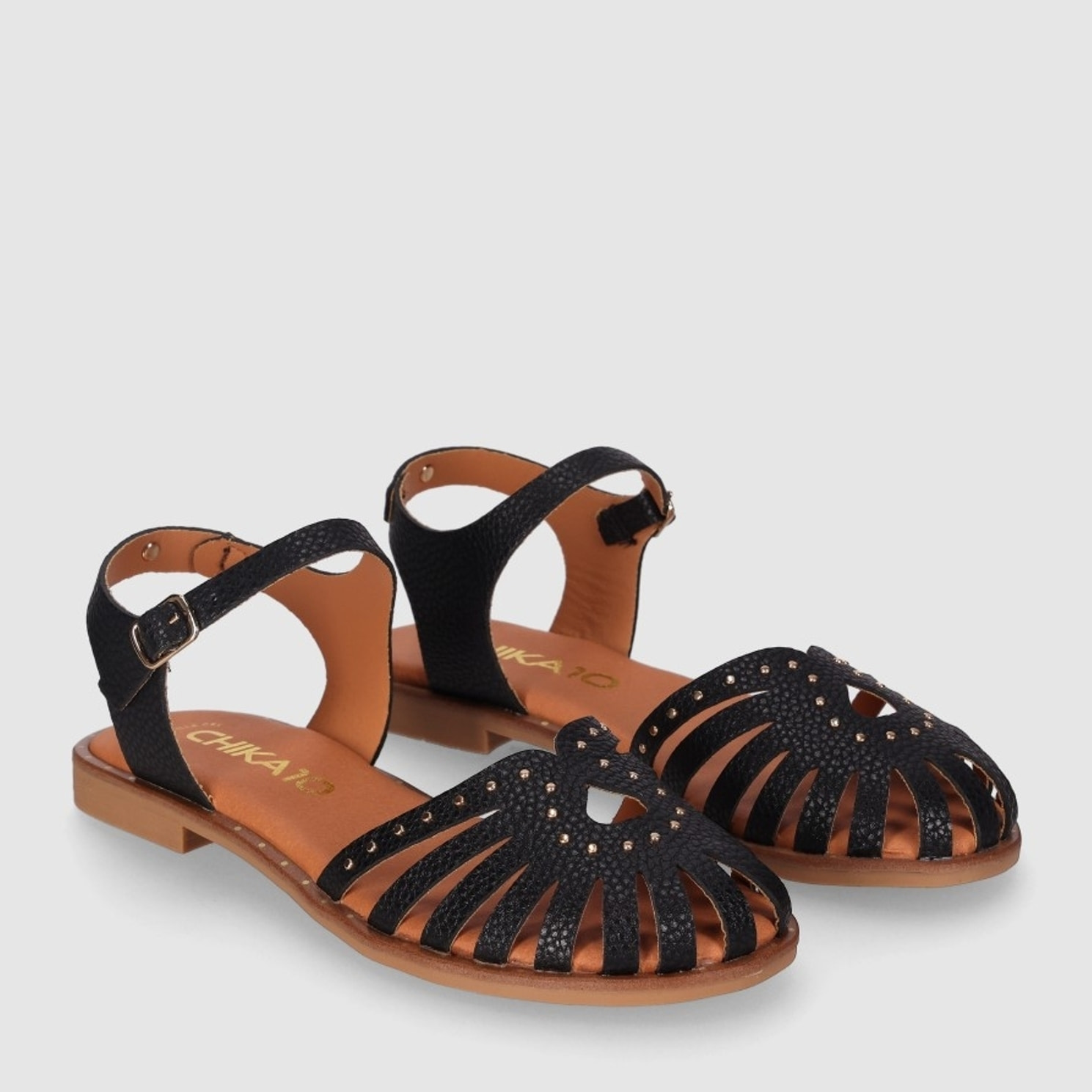 Sandalias de Piel - Negro - Tacón: Bajo