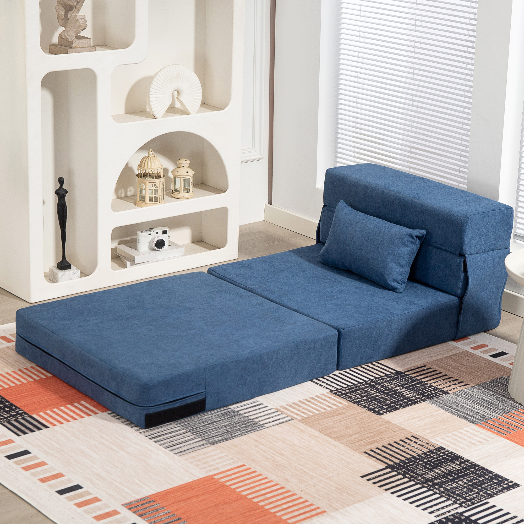 Chauffeuse futon grand confort avec coussin tissu toucher lin bleu