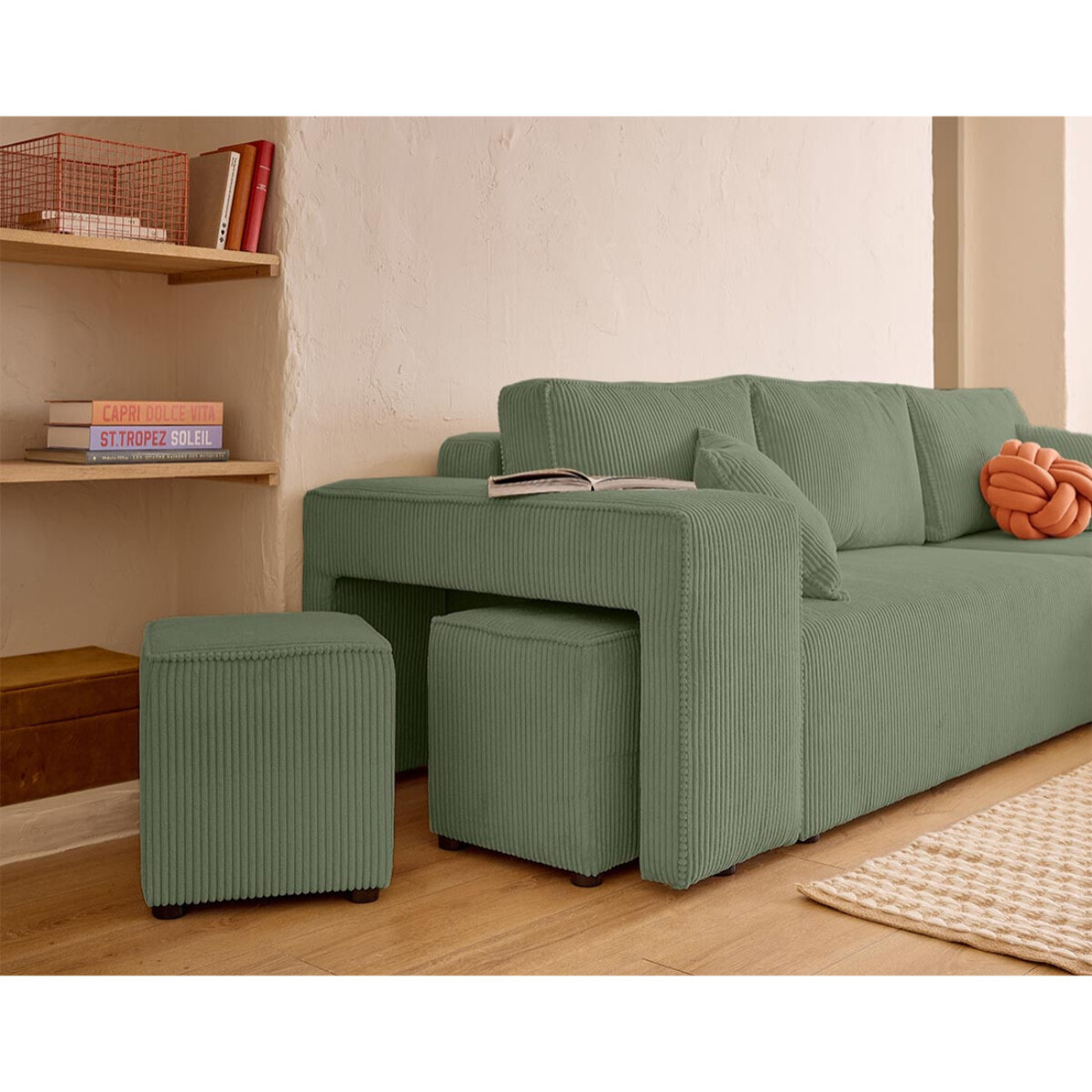 Topaze - canapé d'angle réversible 4 places - convertible avec coffre, tablette et poufs - en velours côtelé - Vert sauge