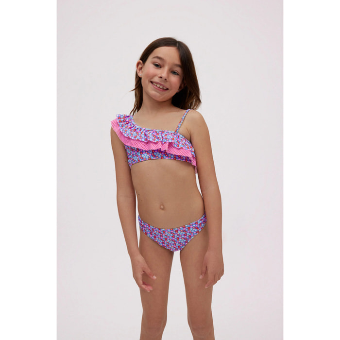 Completo bikini da bambina asimmetrico con volant a piccoli fiori